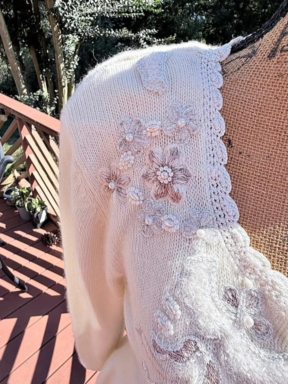 Vintage 90 Ivory Angora Knit Peplum Skirt & Sweater Set Floral Beaded Lace M